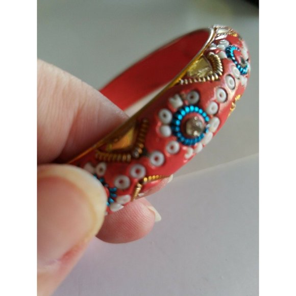 Vintage 70s India Painted Beaded Mirrored Bangle Bracelets Boho Hippie Festival - Picture 4 of 7